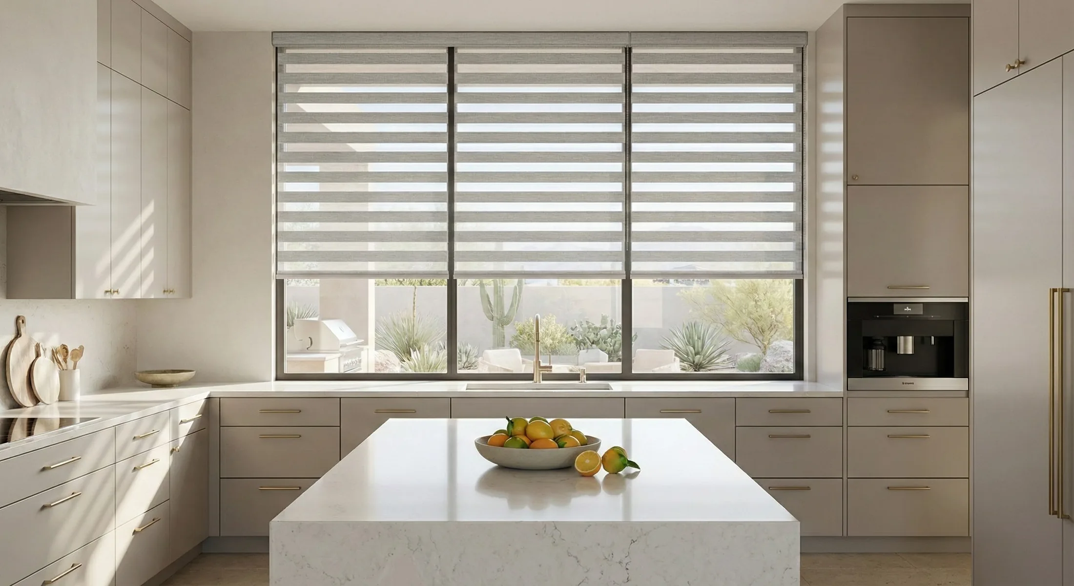 A home’s kitchen, complete with a white island at the center of the room, and L-shaped cabinets on the left wall and the back wall. The sink is on the back wall, and above it is a set of three tall windows. The windows have light-colored zebra shades, and they’re partially lowered to expose both the solid and sheer sections, letting light into the room.