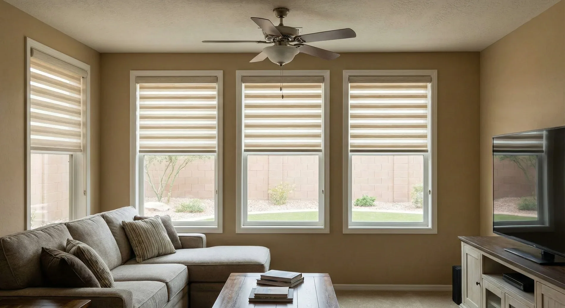 A wide shot of a living room with windows on two of three visible walls. On the left, an L-shaped couch is under one window, facing a flat-screen TV on a wooden stand against the right wall. On the back wall, three tall rectangular windows take up most of the space. All four visible windows have partially closed zebra shades positioned to let in natural light.