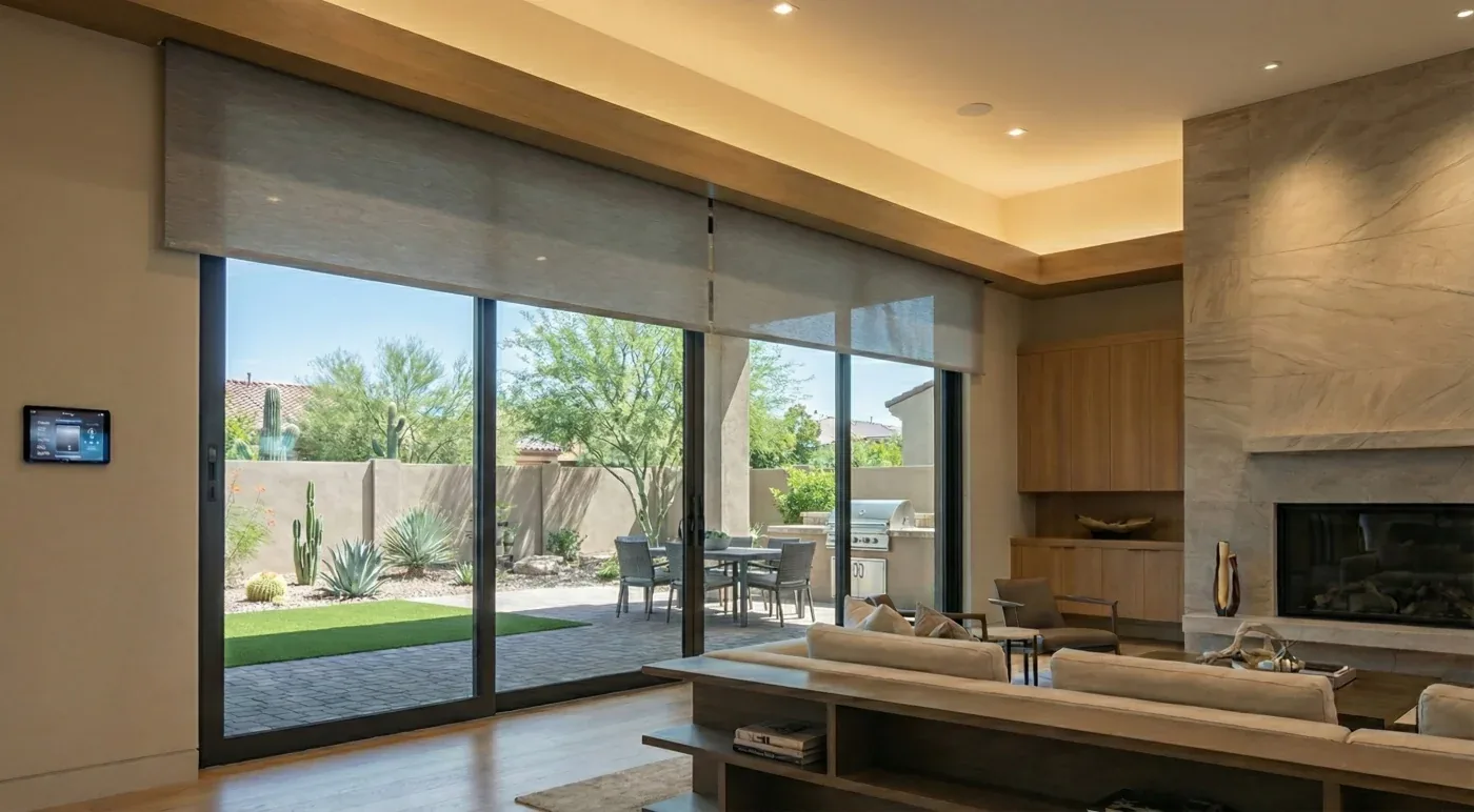 A modern living room with motorized roller shades over large sliding glass doors, opening to a desert-style patio with outdoor seating and landscaping.
