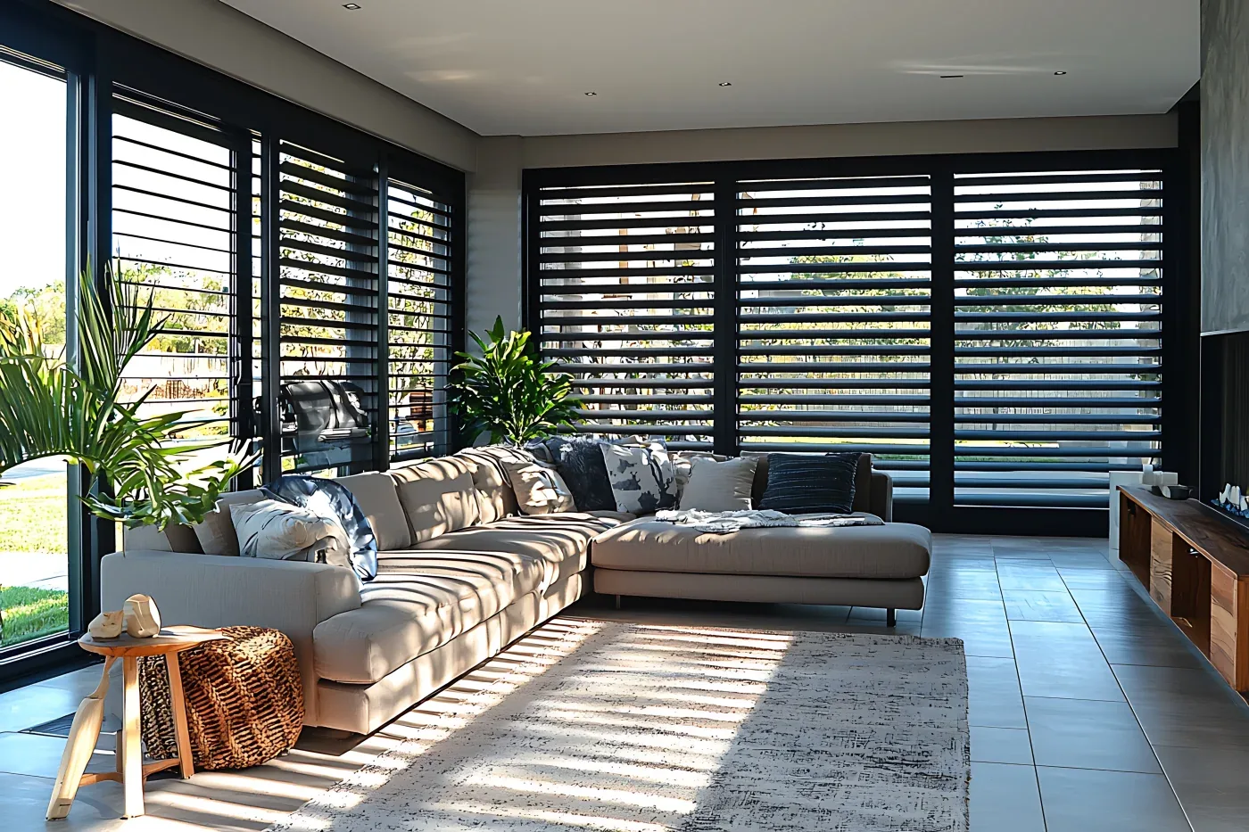Large living room with floor-to-ceiling windows with indoor blinds
