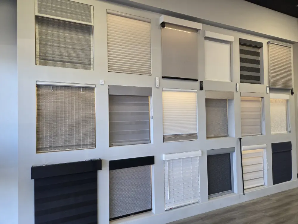 A wall of blinds and shades on display in the Henderson, NV showroom