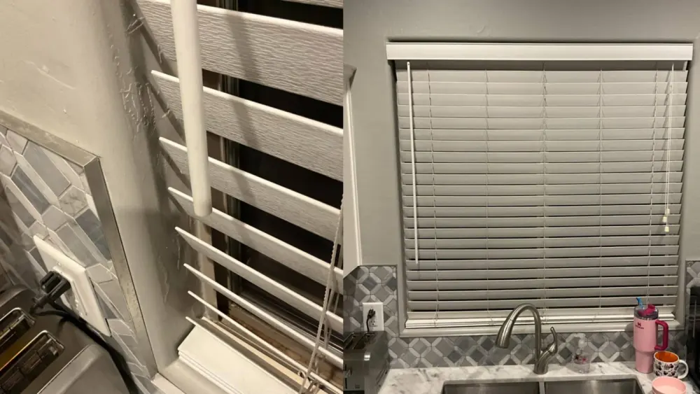 Split image of previously installed blinds with tile around the window