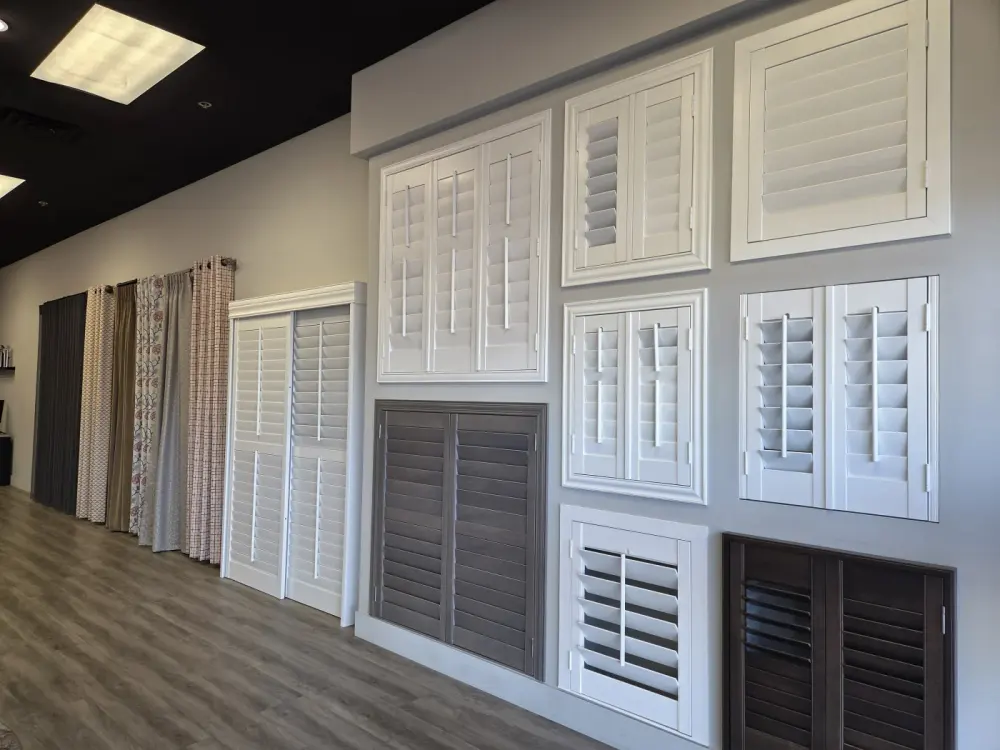 A wall of sample shutters in our Henderson, NV showroom