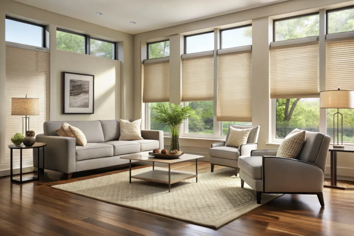Soft, Light Filtering Cellular Shades In A Sleek, Minimalist Living Room With Beige Walls, Dark Hardwood Floors, And Modern Furniture, Adding Warmth And Texture To The Space.
