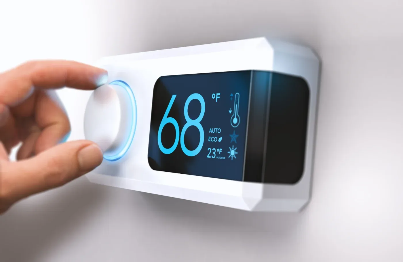 A home thermostat in Arizona that says “68” degrees