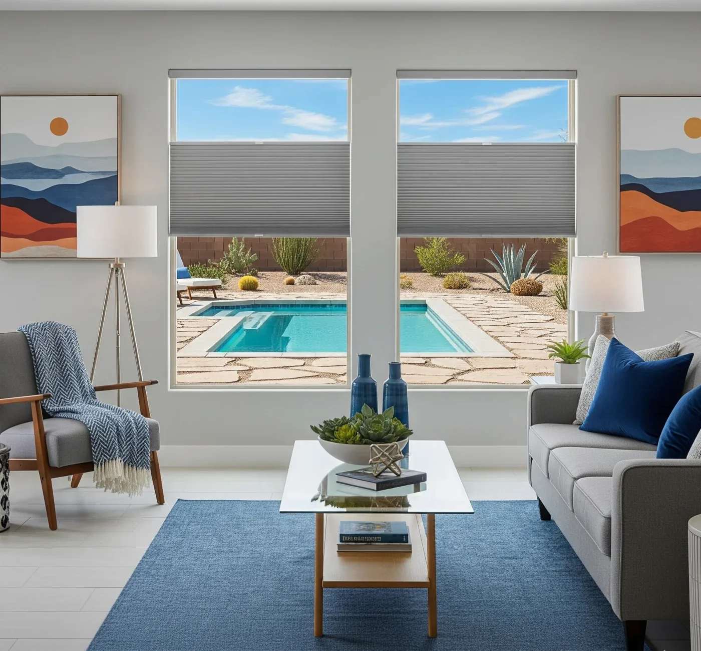 Gray honeycomb shade in a family room, lowered from the top for privacy