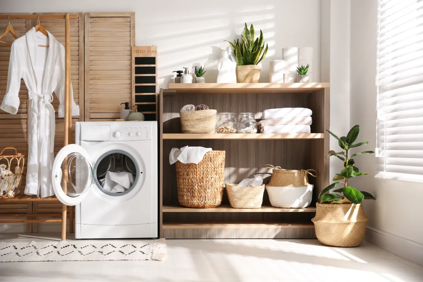 Beautiful faux wood blinds installed inside of a laundry room in Arizona