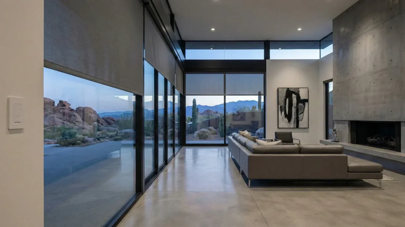 Large room filled with Lutron motorized drapery