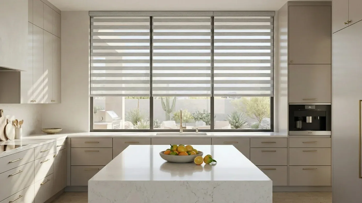 Motorized zebra shade over a Scottsdale kitchen window