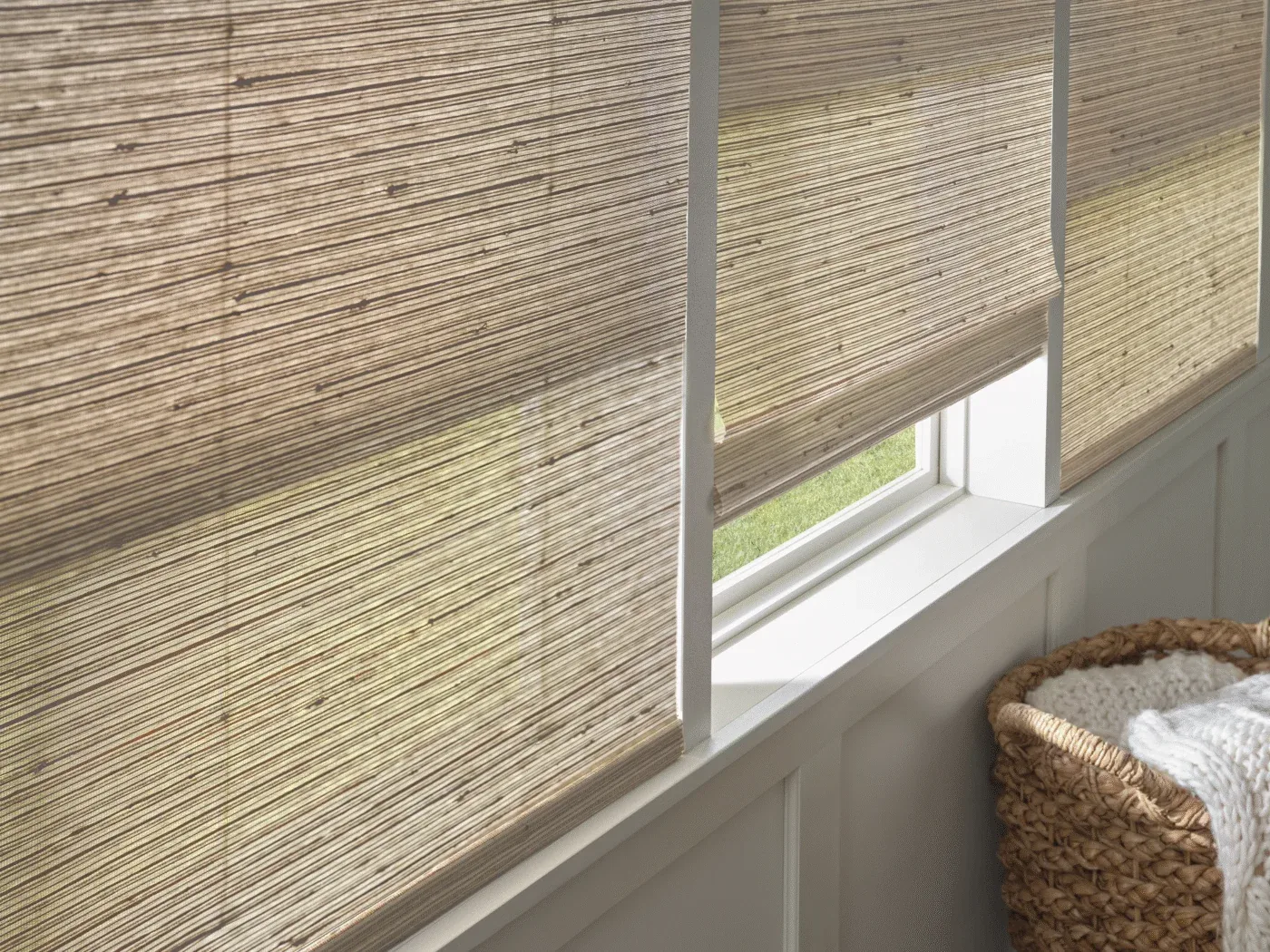 Motorized Woven Wood Shade Natural Beige Closeup Mesa Az