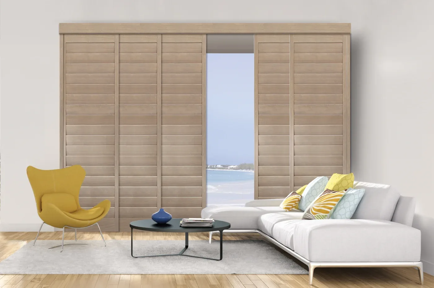 Norman Sliding Door Shutter Chestnut Stain Invisible Tilt Flat Valance Modern Living San Diego Ca