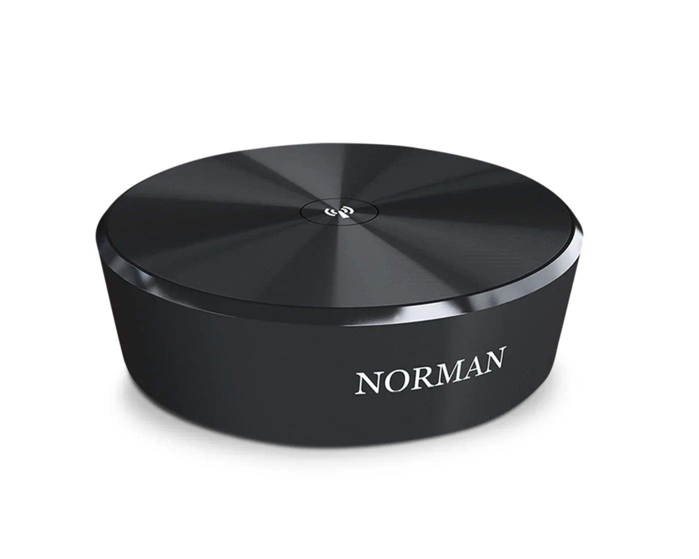The round black Norman smart hub that connects motorized shades to Wi-Fi