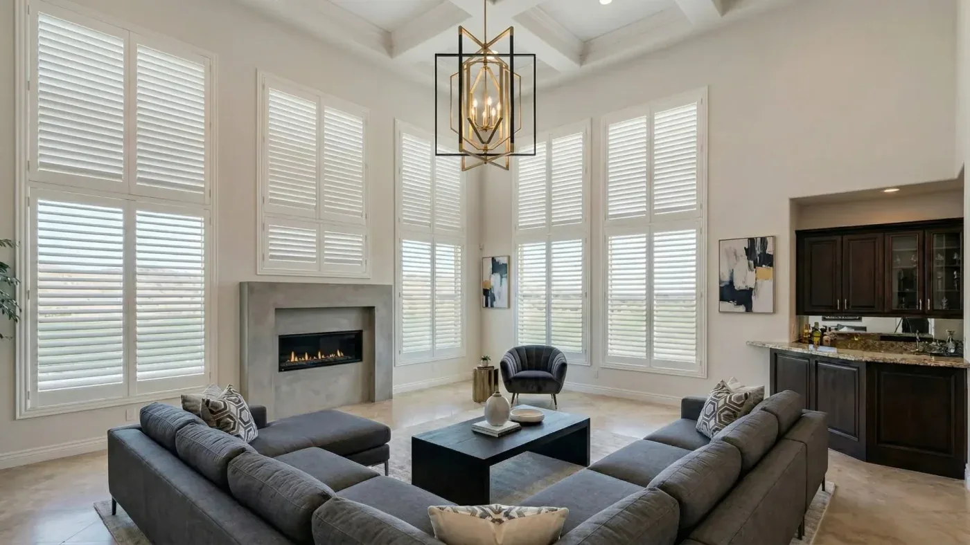 White Motorized Shutters 3.5inchlouvers Anthem Las Vegas Familyroom