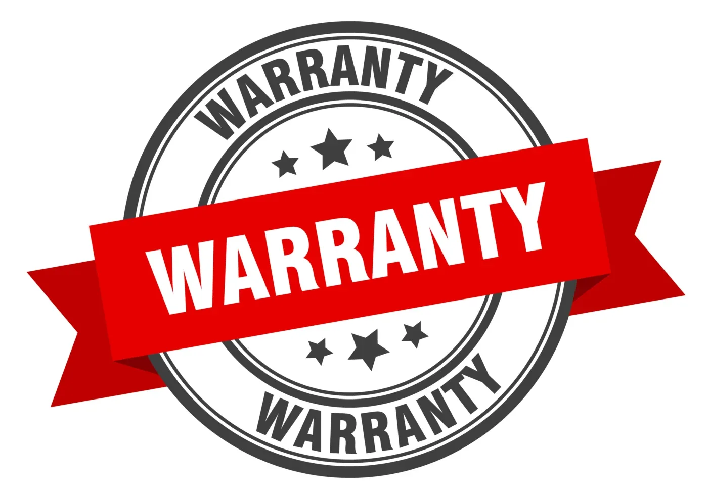 A circle, ribbon, and stars with text that reads “Warranty”