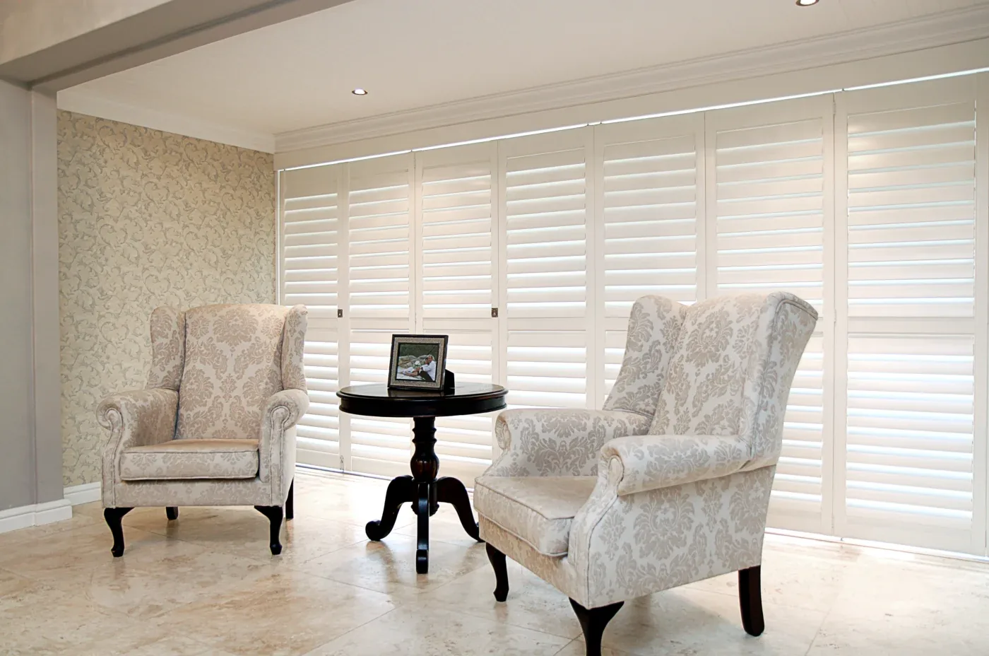 Wooden Shutters Wall To Wall White Divider Rail 3 1 2 Inch Louvers Sliding Glass Door Bifold Phoenix Az