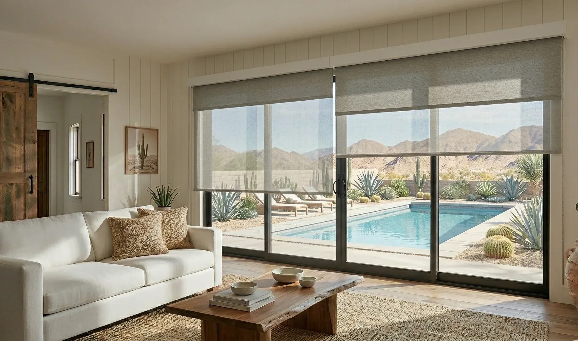 Light-filtering roller shades over a wall of sliding glass doors, with a desert pool and mountains beyond