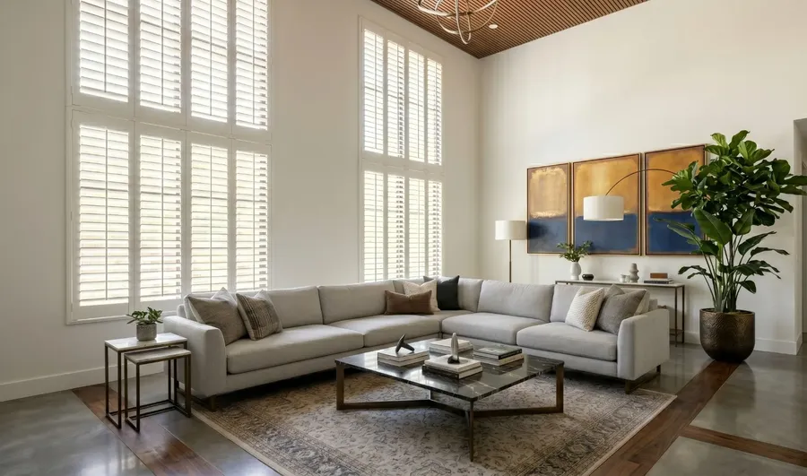 White plantation shutters on two-story windows in a bright modern living room