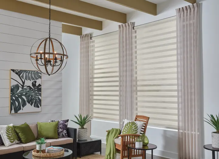 Southwest home with wood shutters, tile interior and island with granite countertop in Paradise, NV | Southwest Blinds