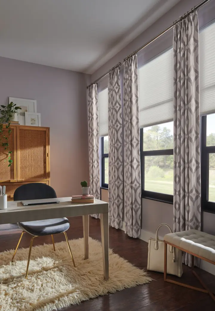 Stellar burgundy red drapery over red framed windows in Paradise, NV | Southwest Blinds