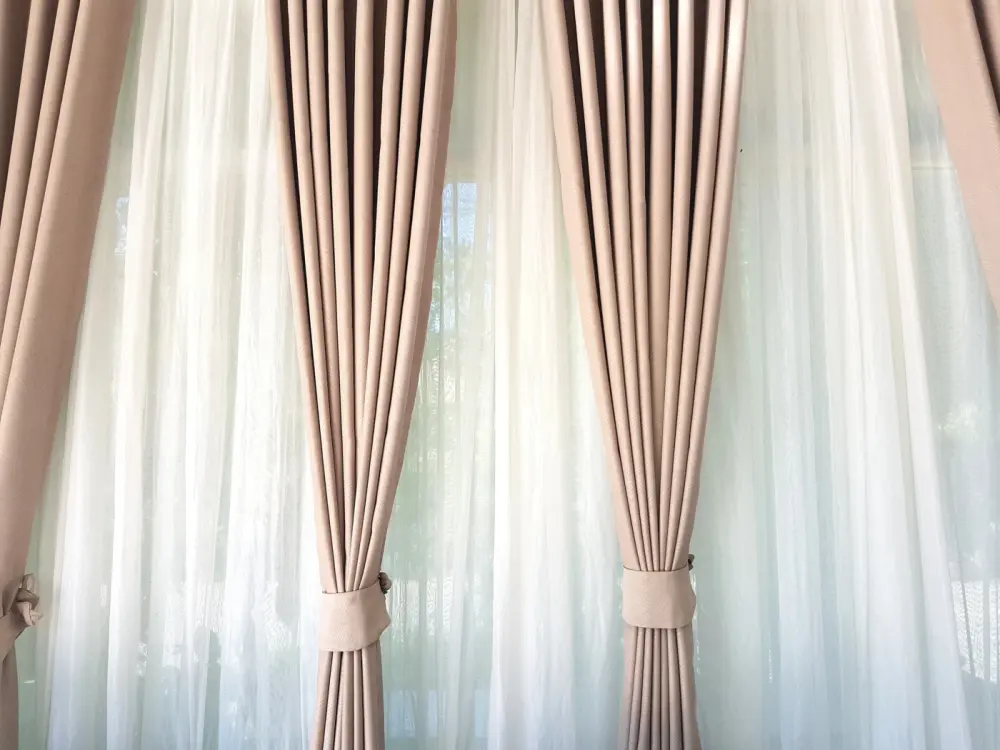 Thick layered pink and white drapery in a Las Vegas, NV home.