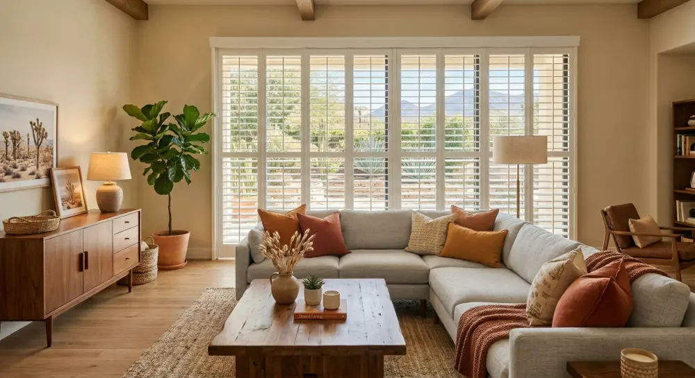 A warm living room with white interior shutters, a large sectional sofa with earthy accent pillows, wood furniture, and desert-inspired décor with mountain views outside.