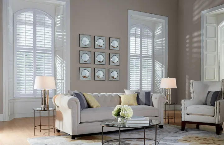 Arched Plantation Shutters white in Whitney, NV home provided by Southwest Blinds & Shutters