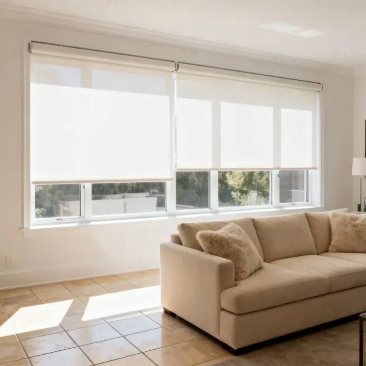 A bright living room with white motorized roller shades over wide windows, a beige sofa with plush pillows, and warm sunlight across tile flooring.