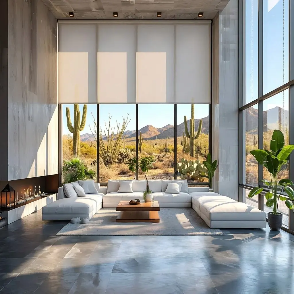 An image of modern living room with motorized roller shades covering expansive windows.