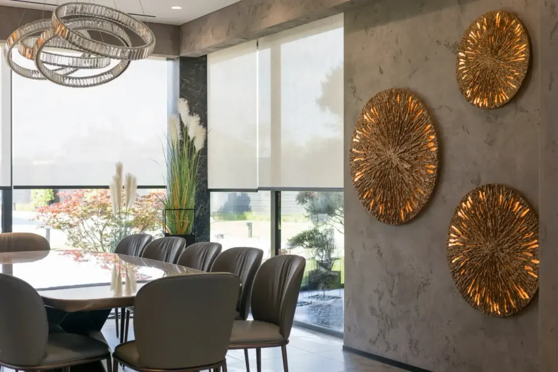 Motorized shades in a modern dining room of a Las Vegas, NV home.