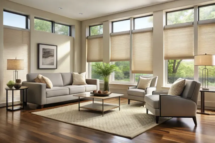 Spacious living room with floor-to-ceiling windows with shades