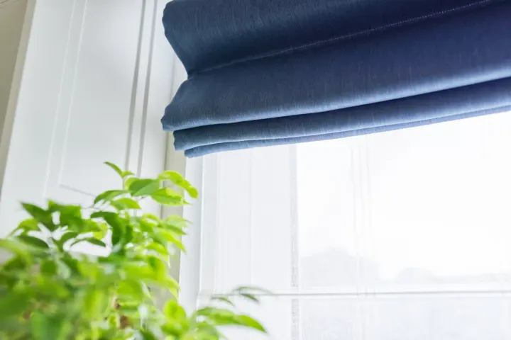 Beautiful blue window shades next to a potted plant