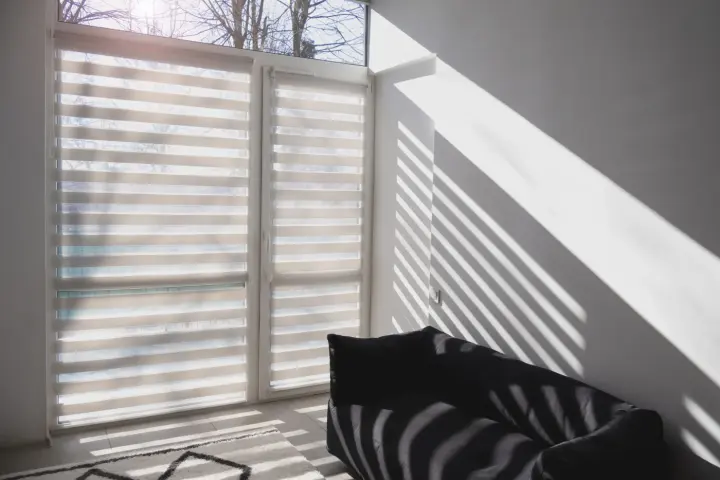Small room with a bean bag chair and shag carpet with zebra shades over the large window.
