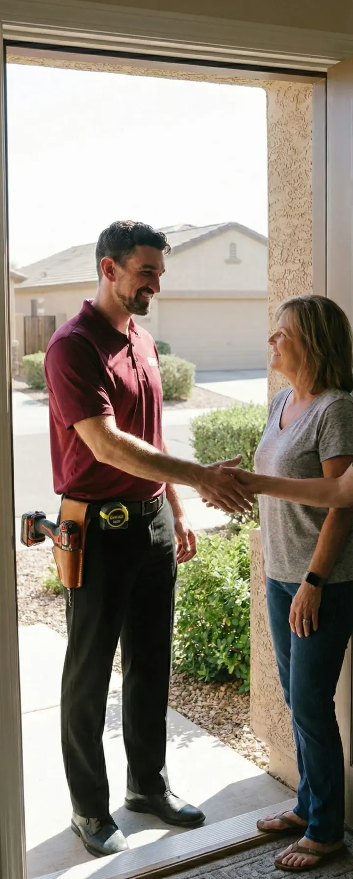 A Southwest Blinds & Shutters representative greets a Queen Creek, AZ homeowner at her front door before an in-home window treatment consultation.
