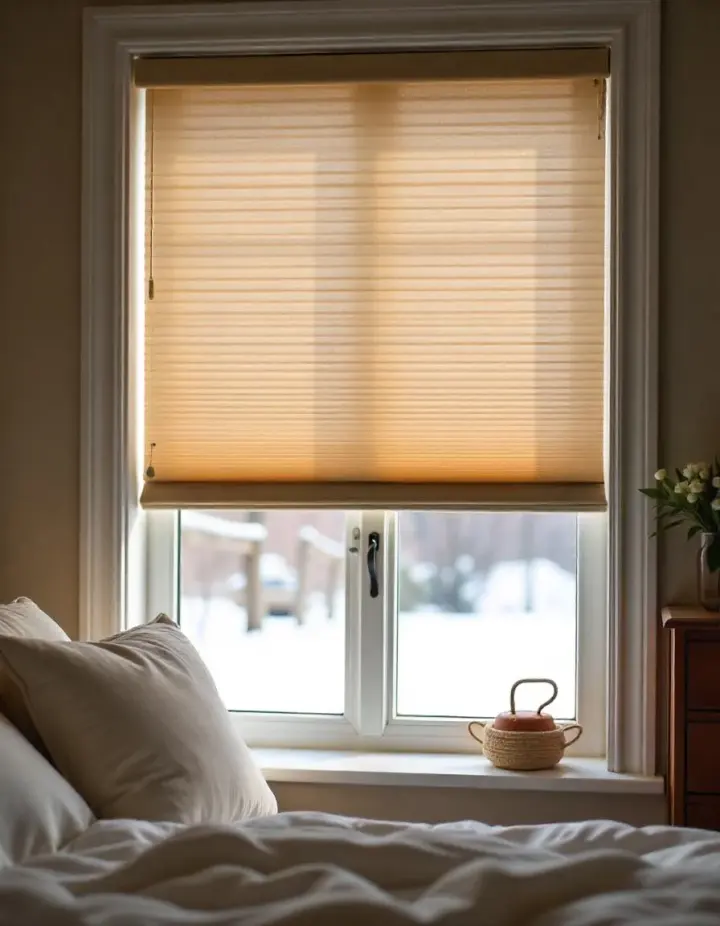 Brown cellular shades over bedroom window in Las Vegas | Southwest Blinds and Shutters