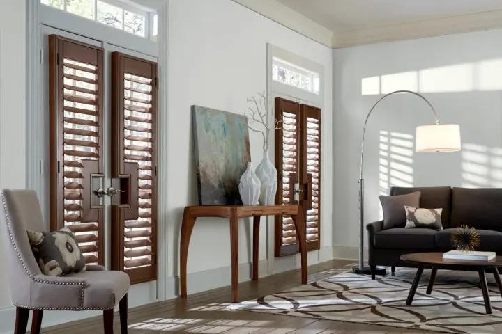 A close-up view of the gorgeous wood grain finish on a set of composite shutters in North Las Vegas | Southwest Blinds