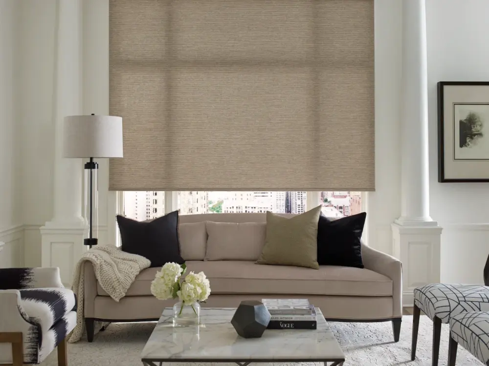 Motorized roller shades in a living room