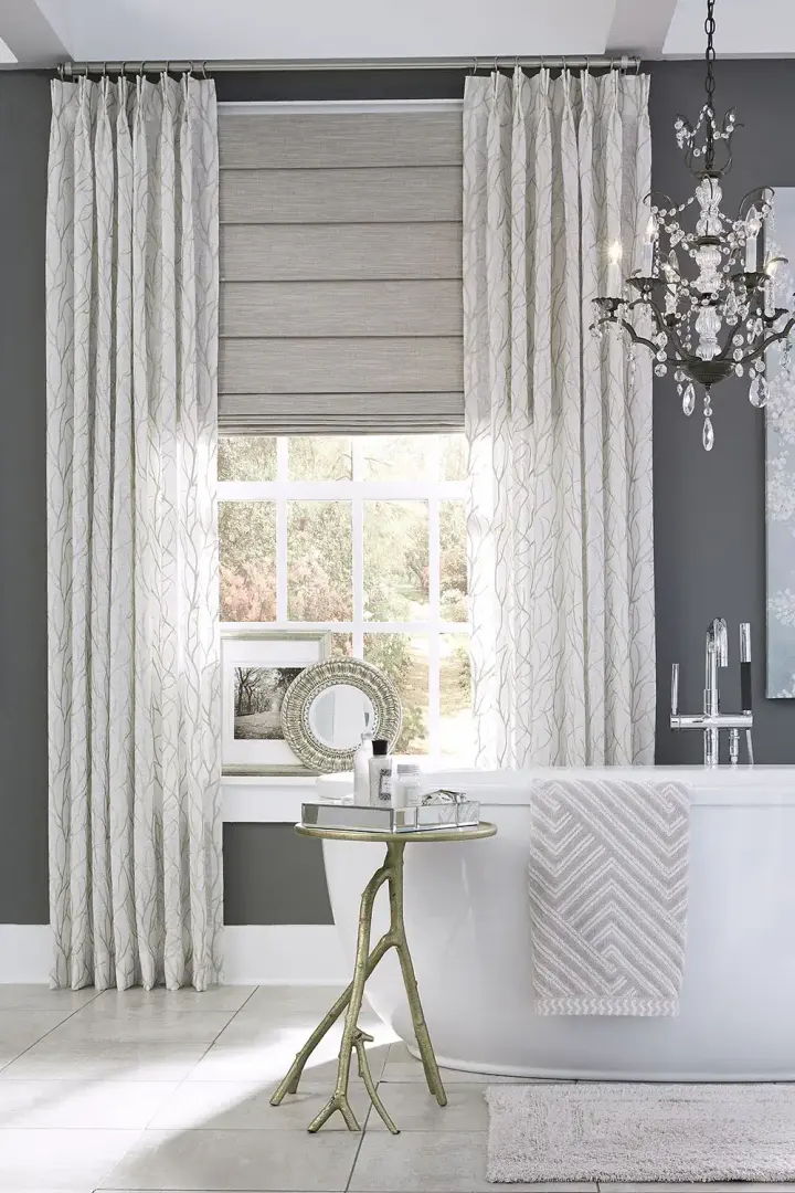 Custom shades and drapery and image showing pleated metal drapery rod in Surprise, AZ by Southwest Blinds
