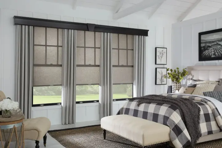 Custom Drapery With Wood Valance Primary Bedroom in Peoria, AZ | Southwest Blinds | Custom drapes near me