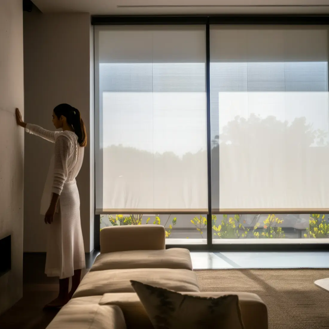 A Woman In A White Dress Stands In Front Of A Window