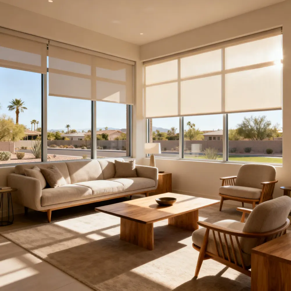 A bright modern living room with custom motorized roller shades, large corner windows, neutral seating, wood furniture, and desert views outside.
