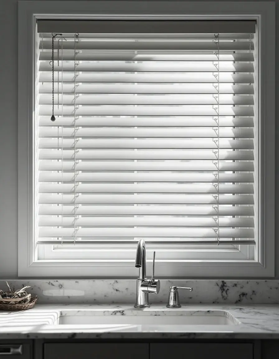 Aluminum shutters in window over kitchen sink