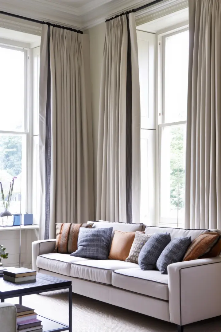 A modern living room with light-colored furniture and thick pale gray drapery partially drawn over the windows.