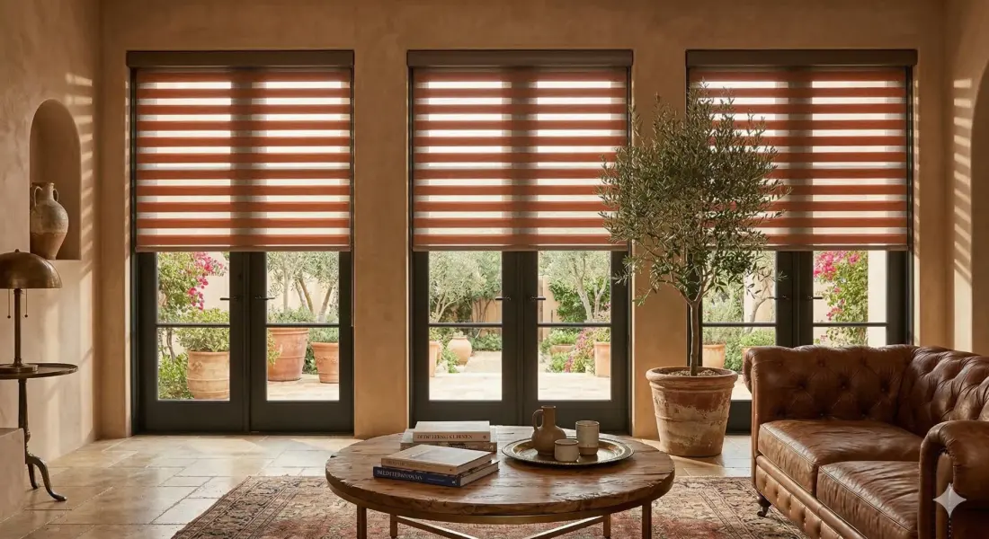 Custom zebra shades installed in an Apache Junction, AZ home, featuring layered fabric bands for adjustable privacy, filtered light, and modern style.