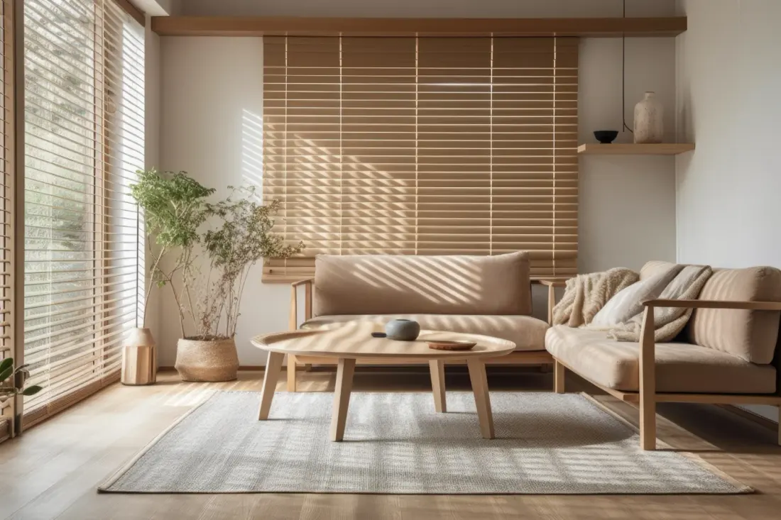 Beige Toned Wooden Living Room. Carpets, Paper Light, Venetian Blinds, And Fabric Couch With Cushions. Japanese Interiors. Generative Ai