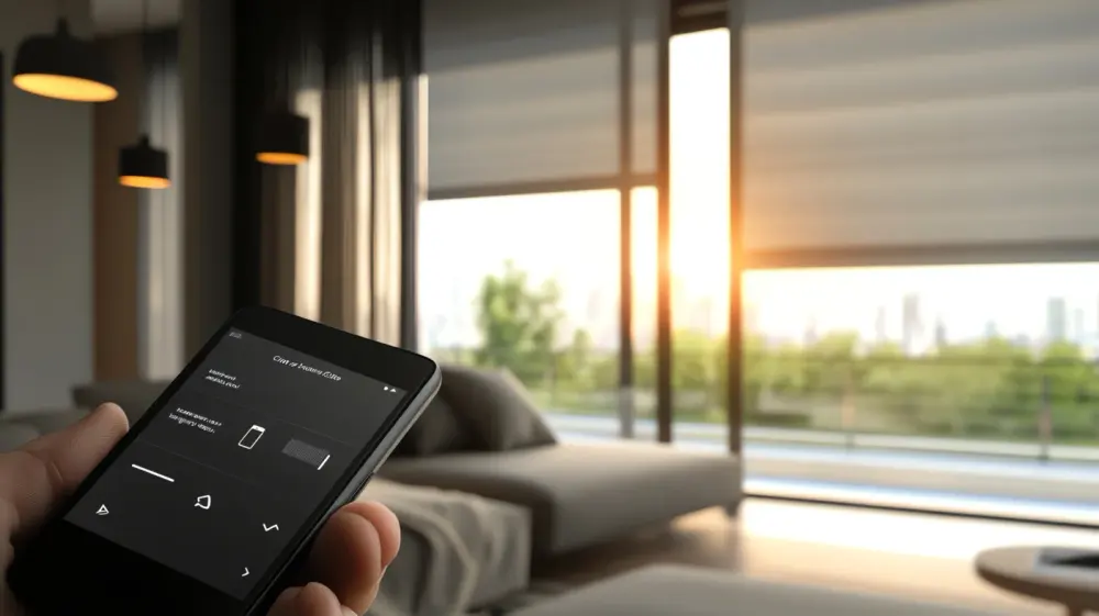 Hand controlling the position of shades via app on smartphone