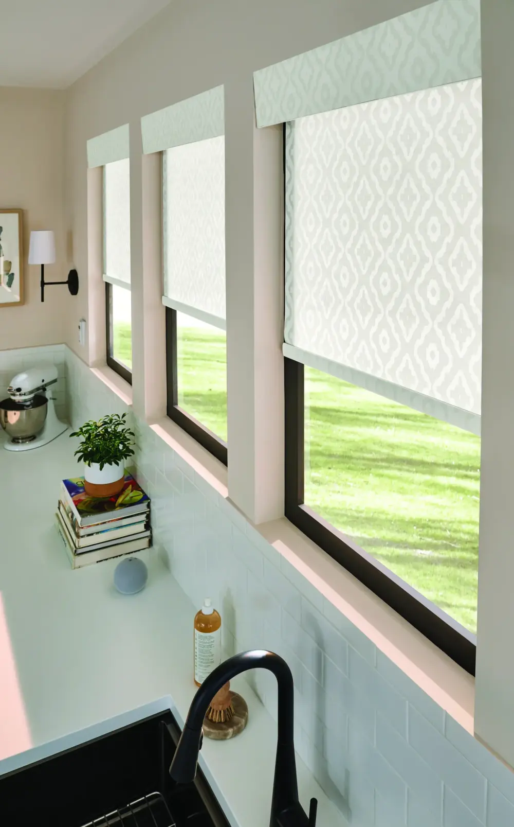 Roller shades on windows with Arizona’s desert landscape visible through the glass