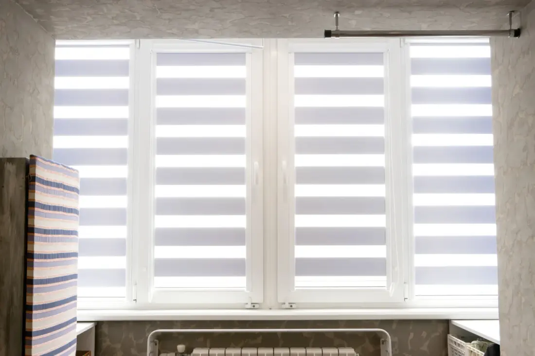 Windows With Open Modern Horizontal Blinds Indoors, Closeup