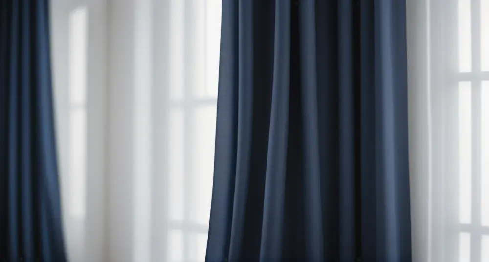 Close-up of dark blue and white layered drapery over a window in a Las Vegas, NV home.