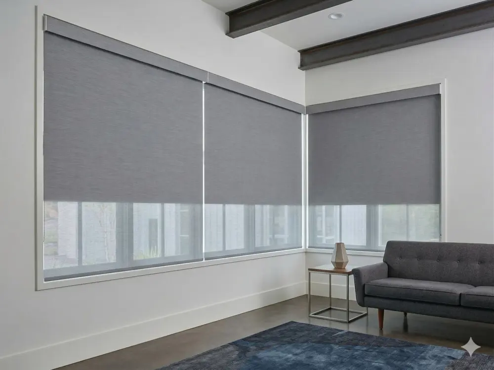 Fantastic gray dual roller shades cover large corner windows in a modern Buckeye, AZ room, providing flexible daylight, glare control, and privacy.