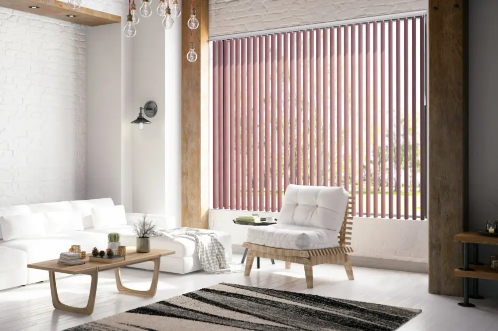 Inside-mount mahogany vertical blinds with wand tilt and no valance installed in a living room
